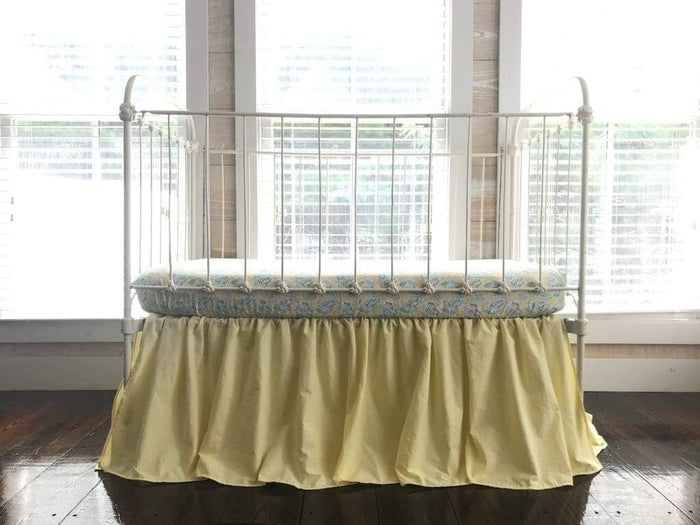 Baby yellow farmhouse crib skirt, gathered on all four sides with a 20-inch drop