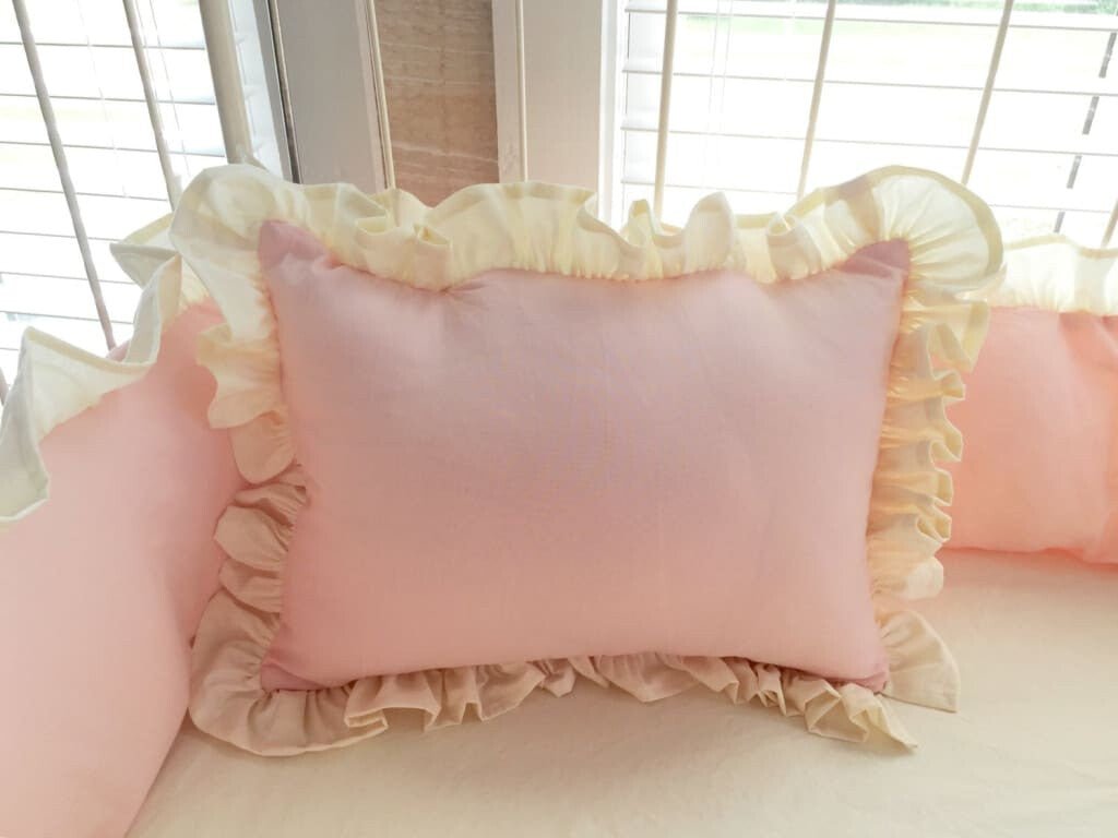 Ballet Slipper Pink and Ivory Ruffled Crib Pillow for Girls handmade heirloom nursery - High Cotton Textile