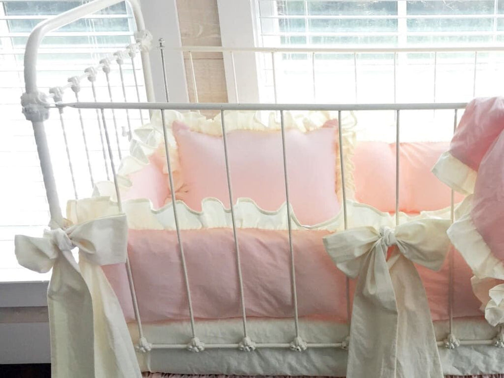Ballet Slipper Pink and Ivory Ruffled Crib Pillow for Girls handmade heirloom nursery - High Cotton Textile