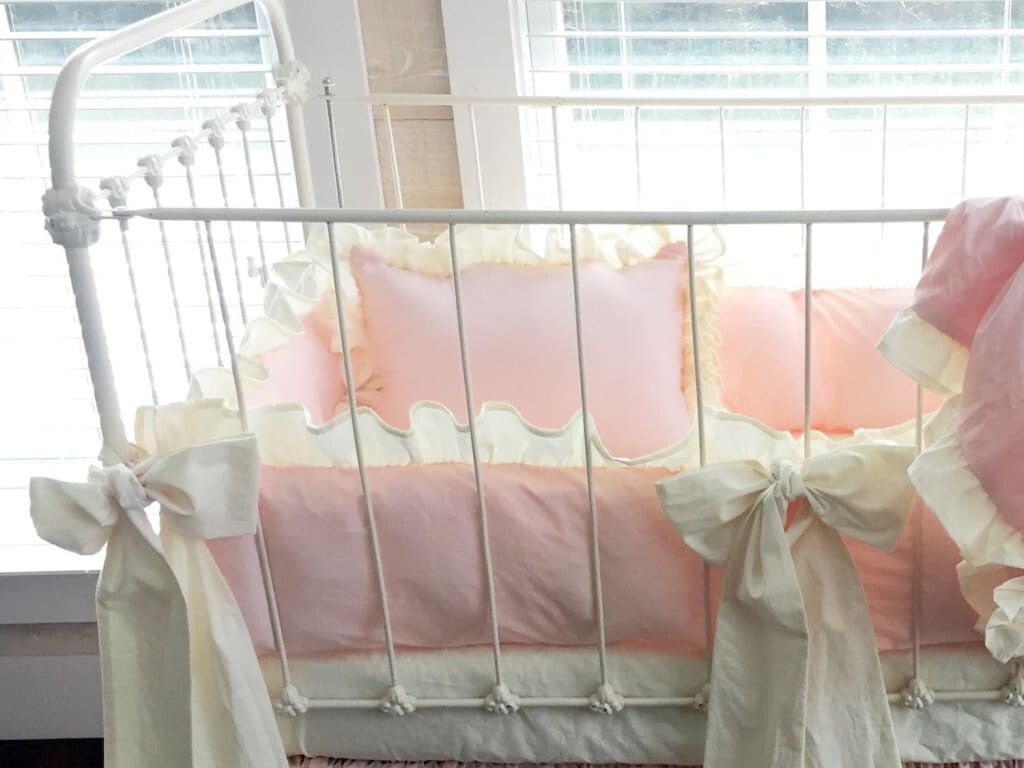 Ballet Slipper Pink and Ivory Ruffled Crib Pillow for Girls handmade heirloom nursery - High Cotton Textile