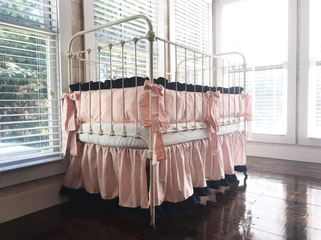 Ballet Slipper Pink and Navy | Ruffled Crib Bedding Set