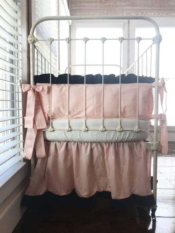 Ballet Slipper Pink and Navy Ruffled Crib Bedding Set - High Cotton Textile 