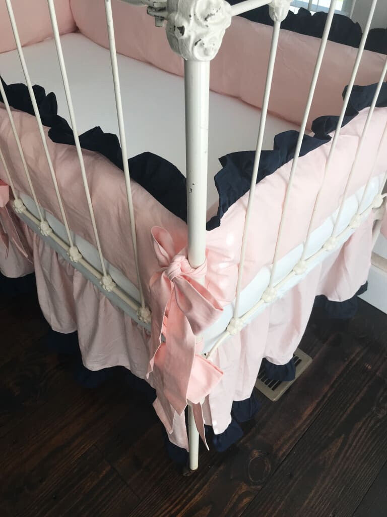 Ballet Slipper Pink and Navy | Ruffled Crib Bedding Set