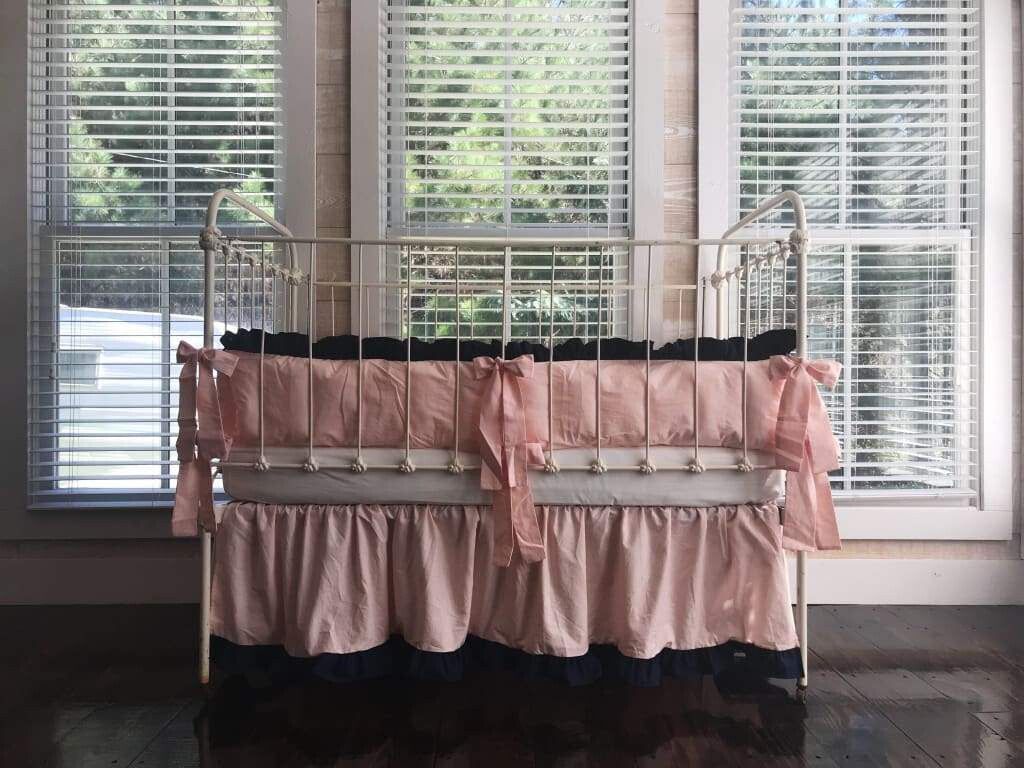 Ballet Slipper Pink and Navy Ruffled Crib Bedding Set - High Cotton Textile 