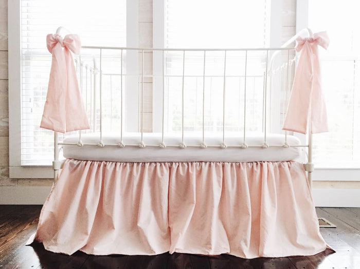 Ballet slipper pink farmhouse crib skirt with matching large crib bows