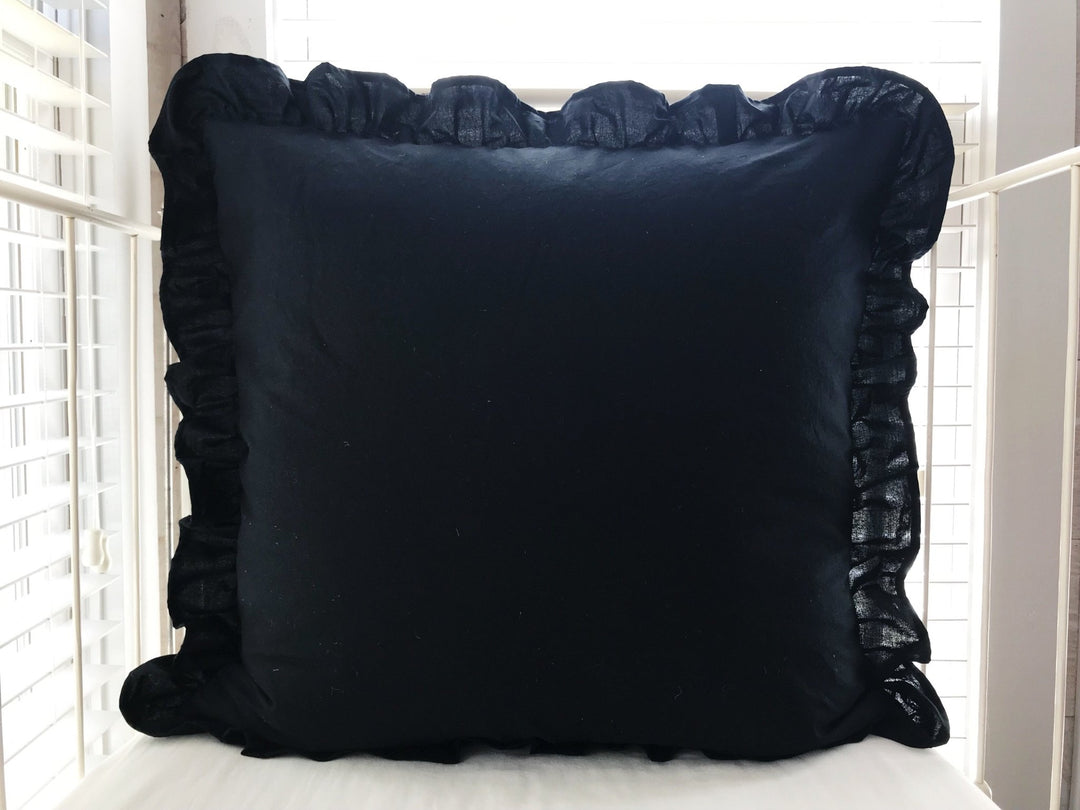 Black 26x26 Ruffled Euro Sham handmade heirloom nursery - High Cotton Textile