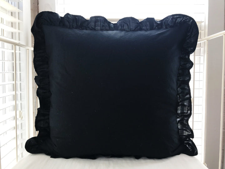 Black 26x26 Ruffled Euro Sham handmade heirloom nursery - High Cotton Textile