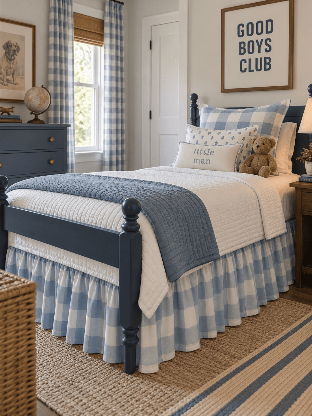 Blue buffalo check twin bed skirt on a navy spindle bed with matching gingham curtains - High Cotton Textile