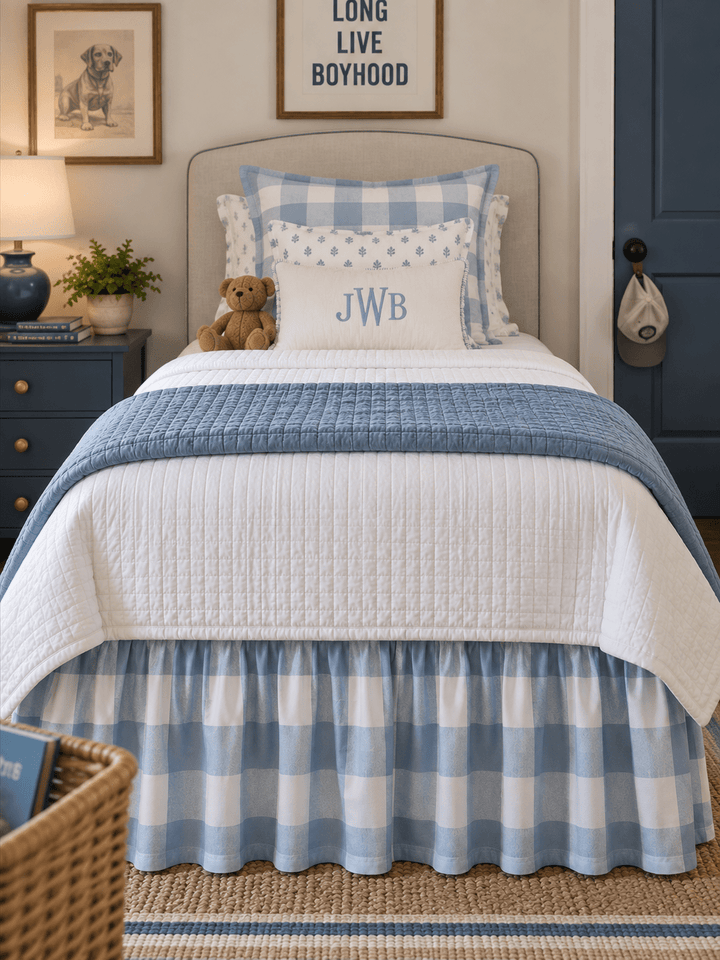 Straight on view from the foot of a twin bed showing the blue buffalo check bed skirt across the full width - High Cotton Textile