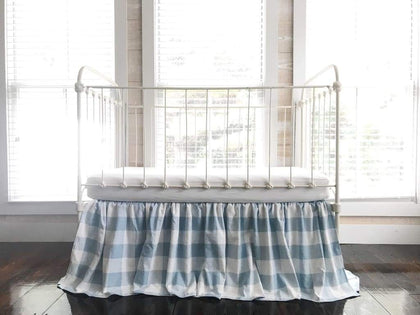 Blue buffalo check farmhouse crib skirt with a 20-inch drop