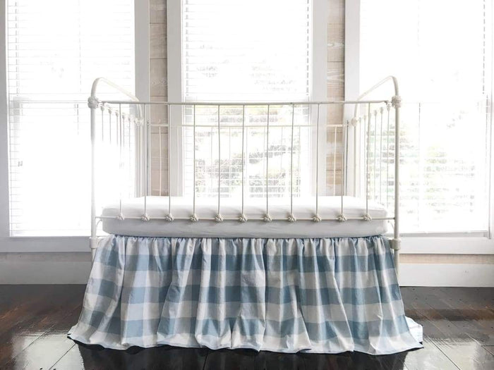 Blue buffalo check farmhouse crib skirt with a 20-inch drop