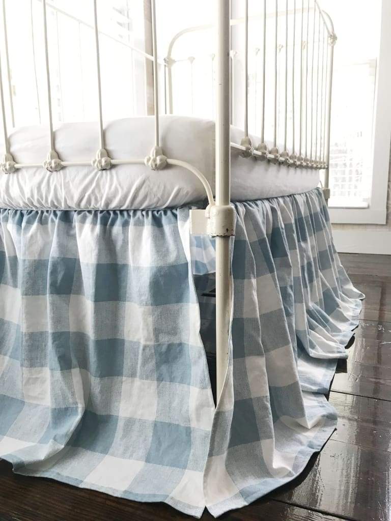 Blue Buffalo Check Farmhouse Crib Skirt handmade heirloom nursery - High Cotton Textile