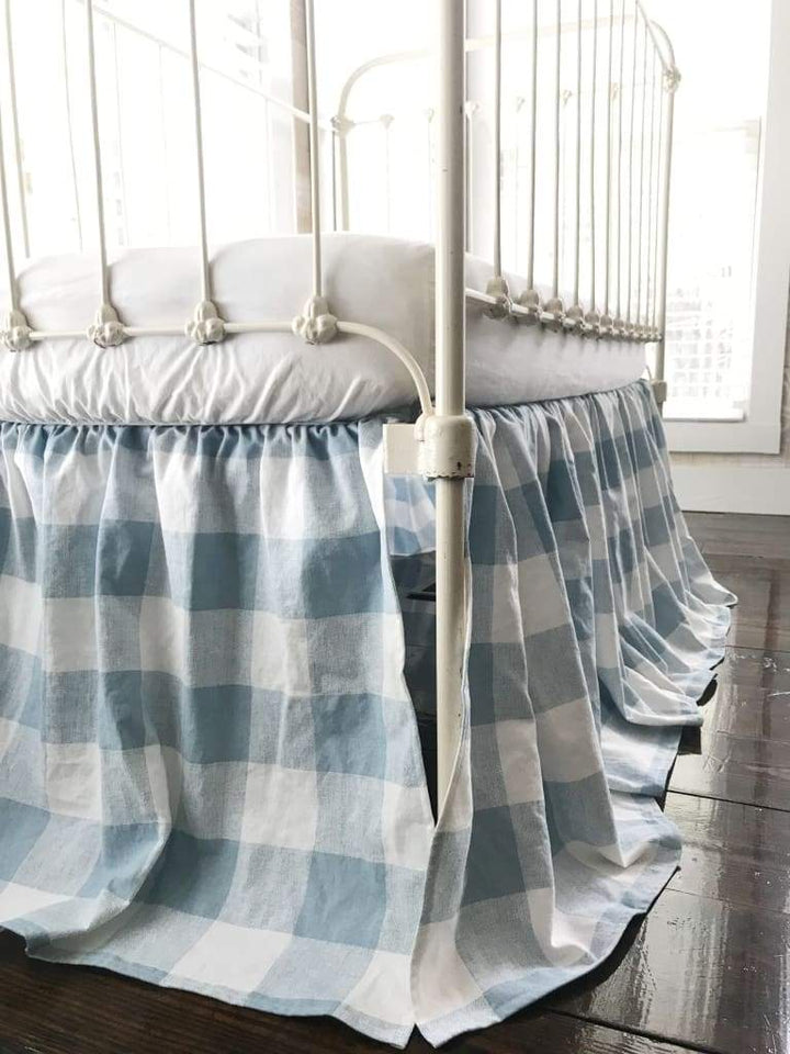Blue Buffalo Check Farmhouse Crib Skirt handmade heirloom nursery - High Cotton Textile
