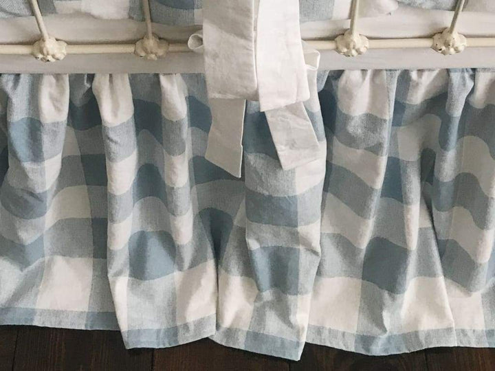 Blue Buffalo Check Farmhouse Crib Skirt handmade heirloom nursery - High Cotton Textile