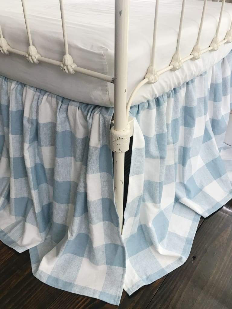 Blue Buffalo Check Farmhouse Crib Skirt handmade heirloom nursery - High Cotton Textile