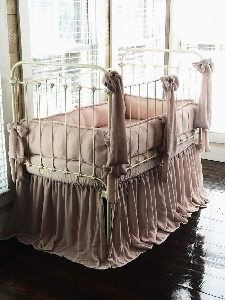 Blush Pink 100% Silk Velvet Luxury Crib Bedding Ensemble - High Cotton Textile 