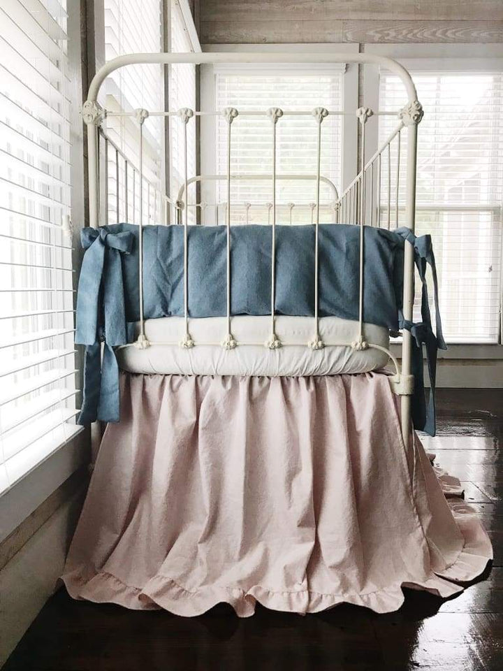 Chambray Denim and Baby Pink | Ruffled Crib Bedding Set