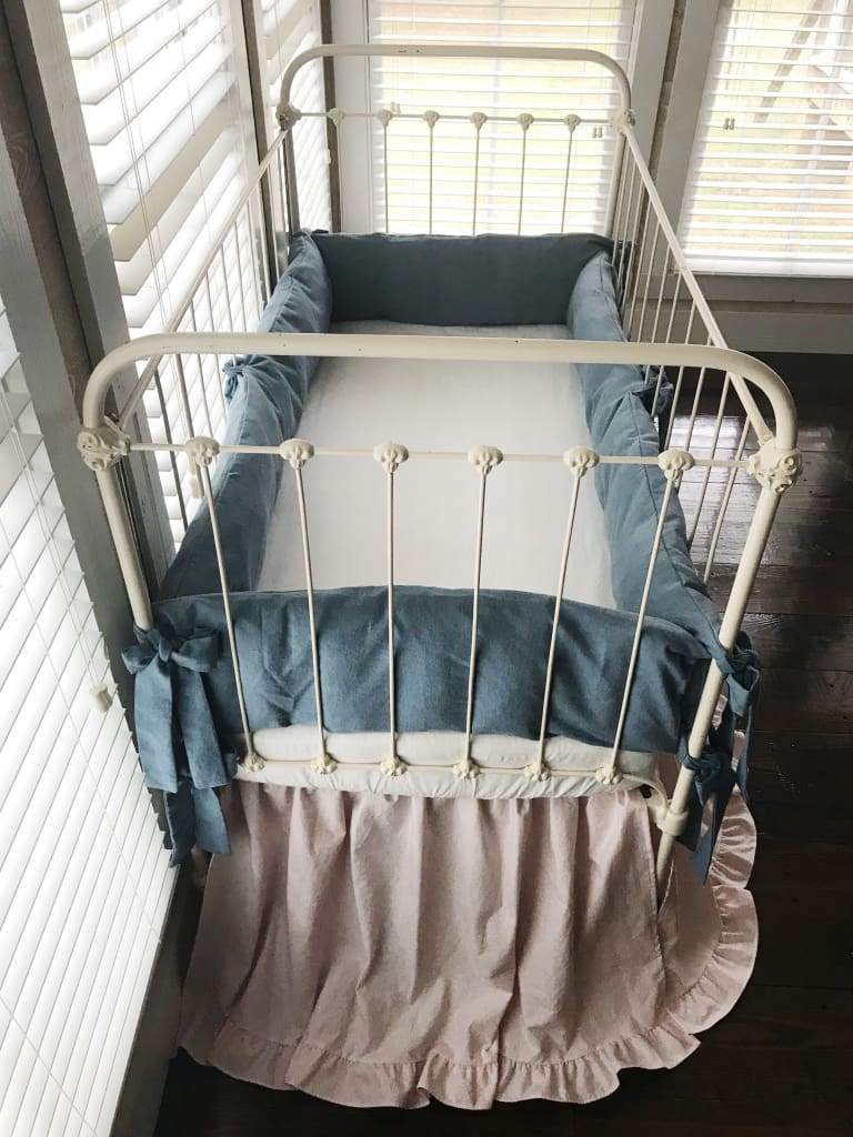 Chambray Denim and Baby Pink | Ruffled Crib Bedding Set