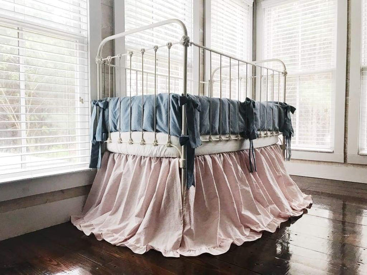 Chambray Denim and Baby Pink | Ruffled Crib Bedding Set