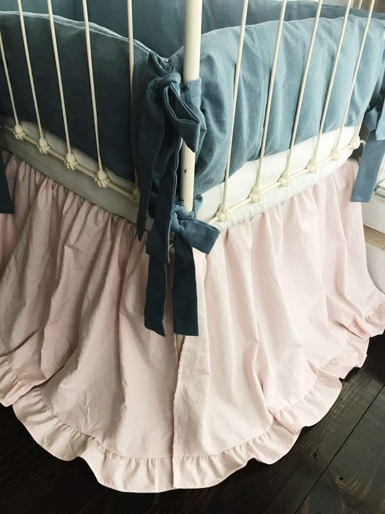 Chambray Denim and Baby Pink | Ruffled Crib Bedding Set