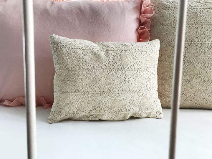 Crochet Lace Boho Baby Crib Pillow handmade heirloom nursery - High Cotton Textile