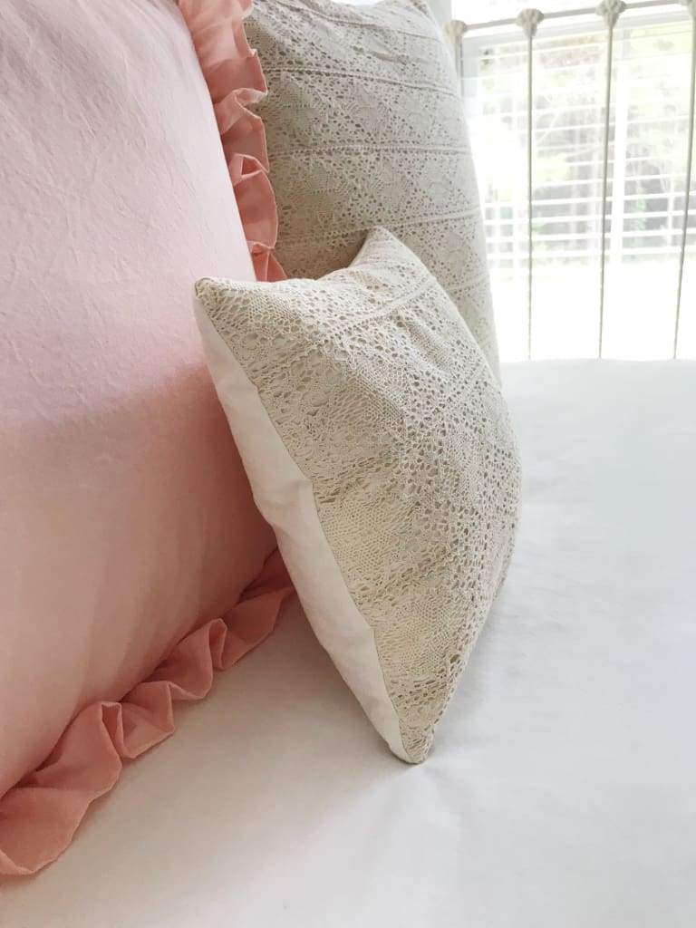 Crochet Lace Boho Baby Crib Pillow handmade heirloom nursery - High Cotton Textile