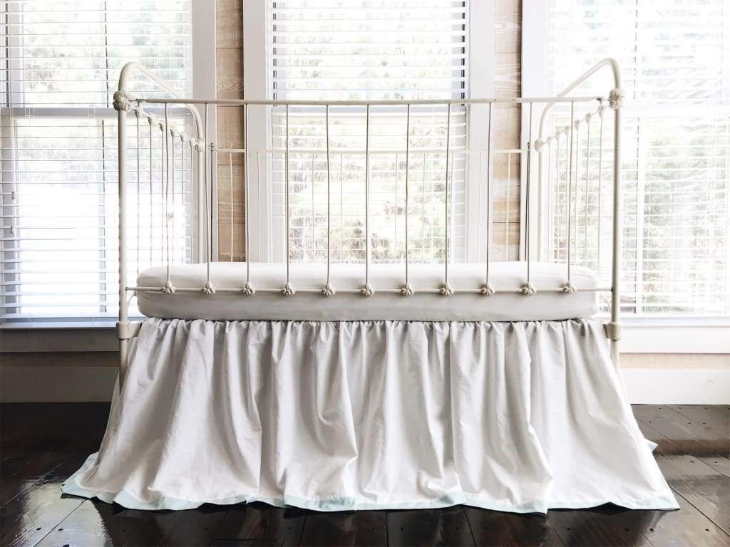 Farmhouse Tailored Crib Skirt in White and Mist handmade heirloom nursery - High Cotton Textile