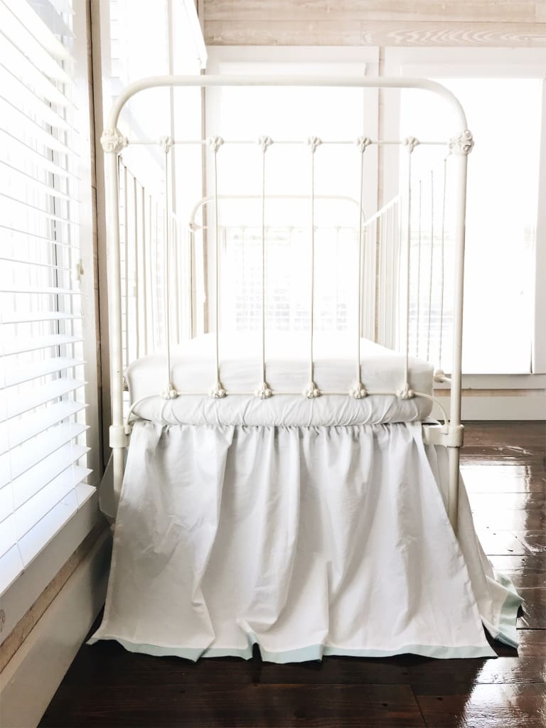 Farmhouse Tailored Crib Skirt in White and Mist handmade heirloom nursery - High Cotton Textile