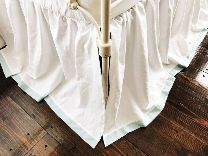 Farmhouse Tailored Crib Skirt in White and Mist handmade heirloom nursery - High Cotton Textile