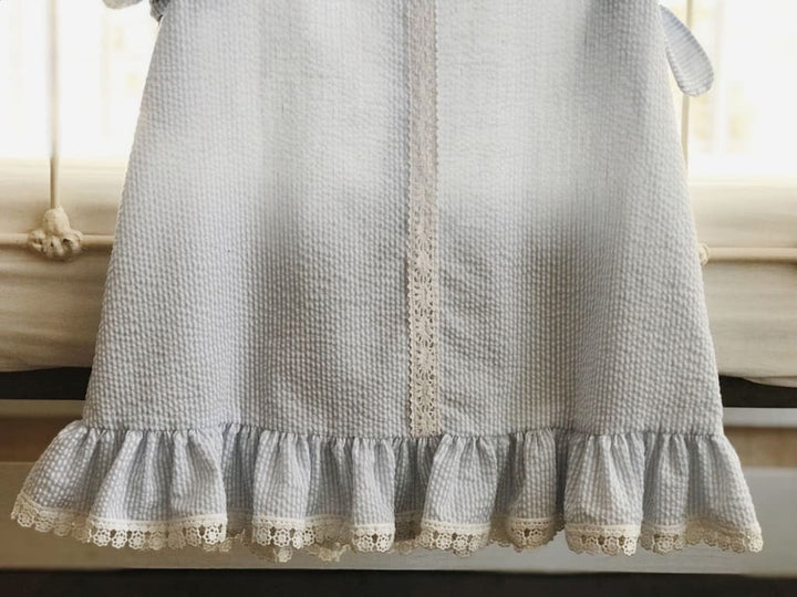 Girls Blue and White Stripe Seersucker Dress handmade heirloom nursery - High Cotton Textile