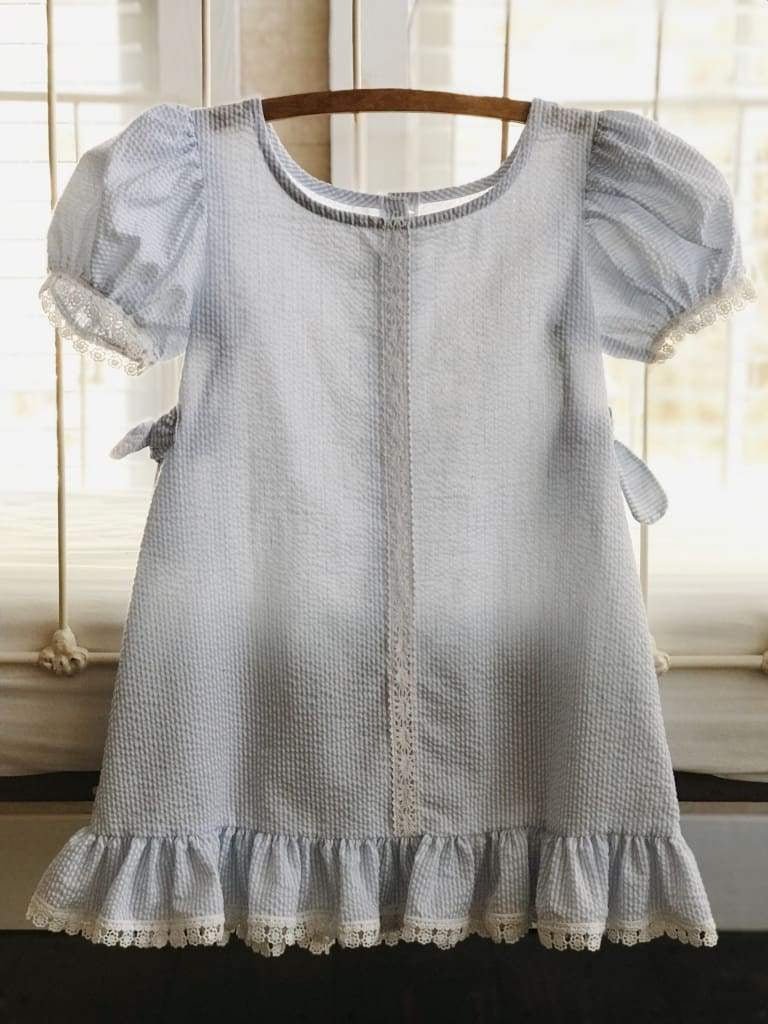Girls Blue and White Stripe Seersucker Dress handmade heirloom nursery - High Cotton Textile