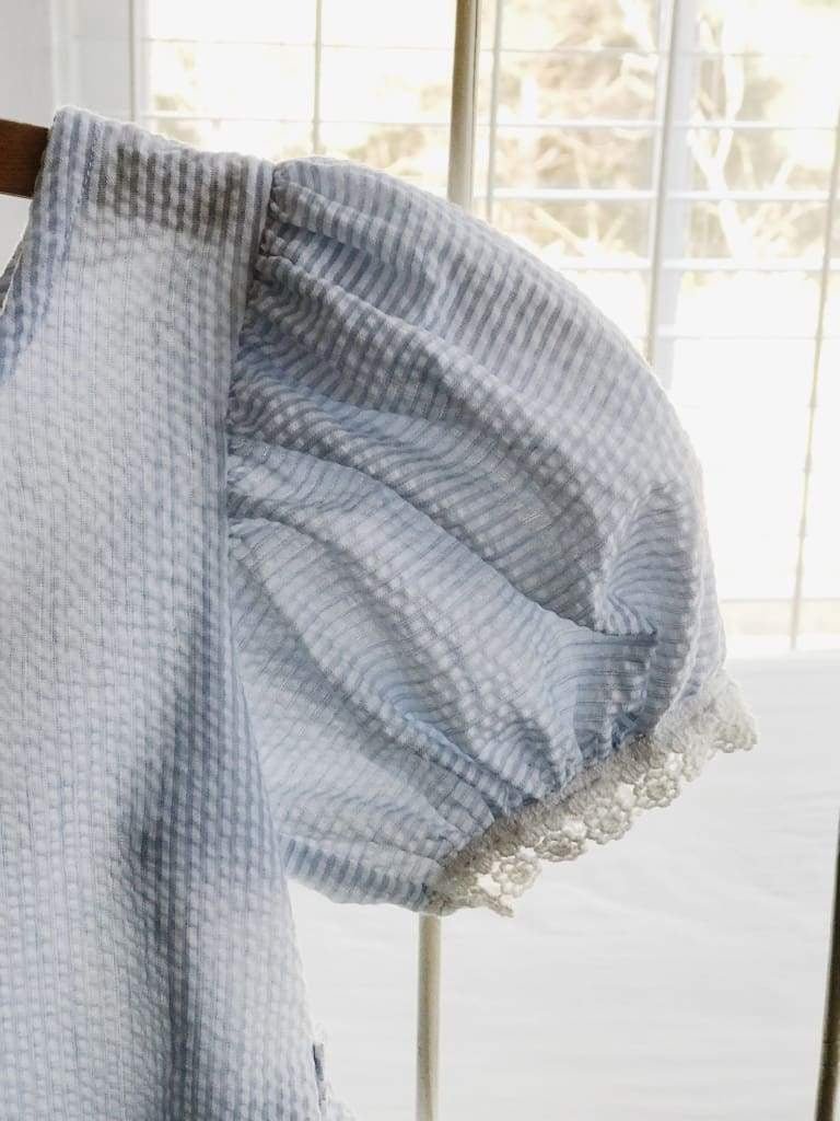 Girls Blue and White Stripe Seersucker Dress handmade heirloom nursery - High Cotton Textile