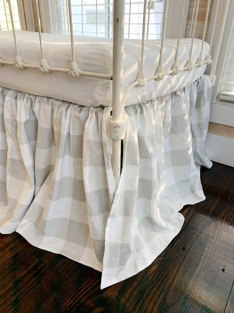 Grey Buffalo Check Farmhouse Crib Skirt handmade heirloom nursery - High Cotton Textile