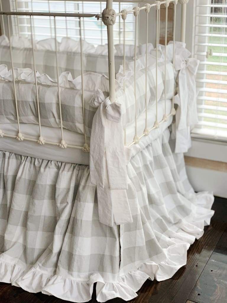 Grey Buffalo Check Ruffled Crib Bedding Set - High Cotton Textile 