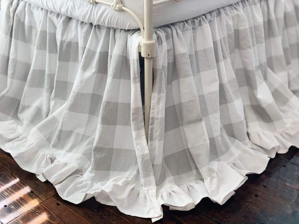 Grey Buffalo Check Ruffled Crib Skirt handmade heirloom nursery - High Cotton Textile