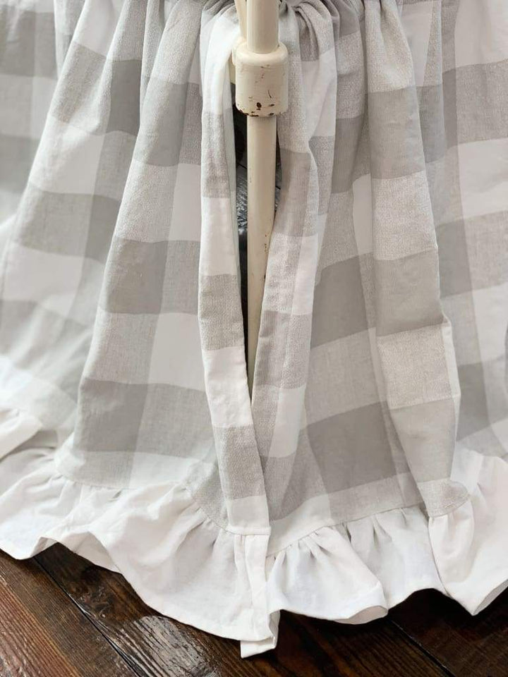 Grey Buffalo Check Ruffled Crib Skirt handmade heirloom nursery - High Cotton Textile