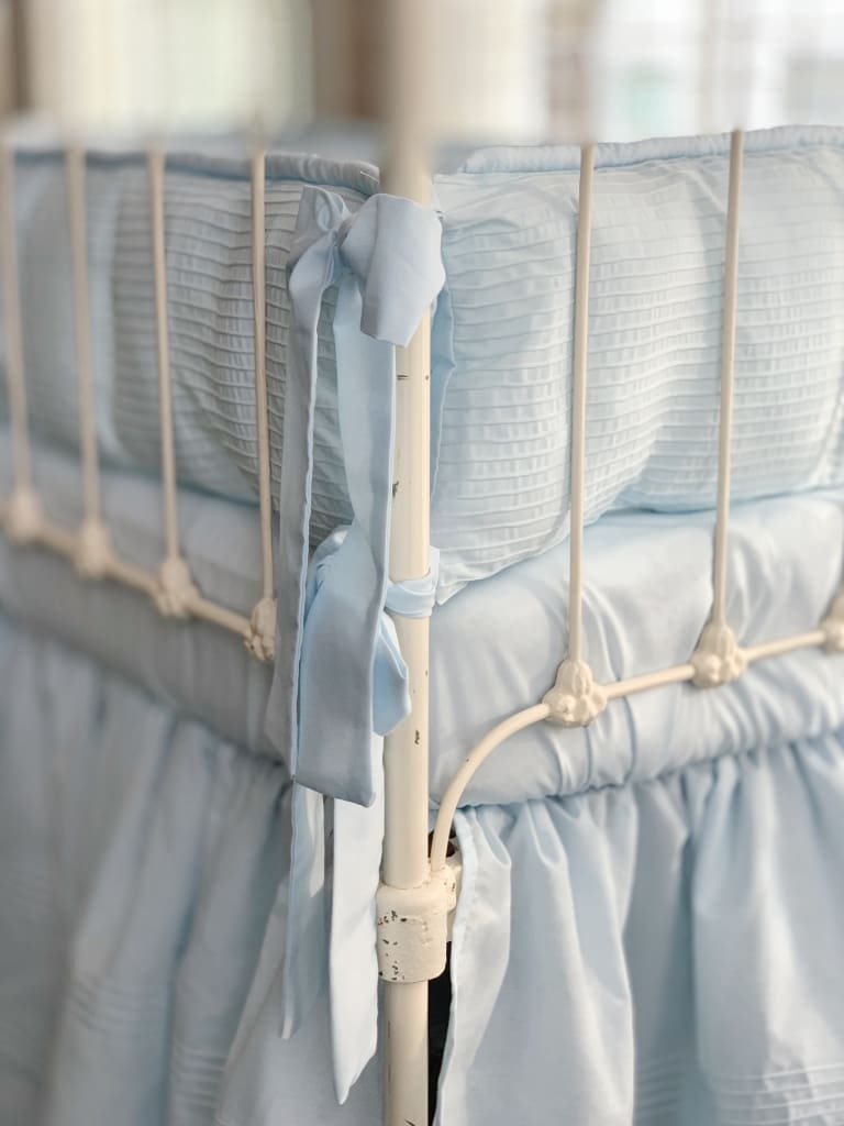 Heirloom Blue Pin-Tucked Crib Skirt | Boy Crib Bedding handmade heirloom nursery - High Cotton Textile