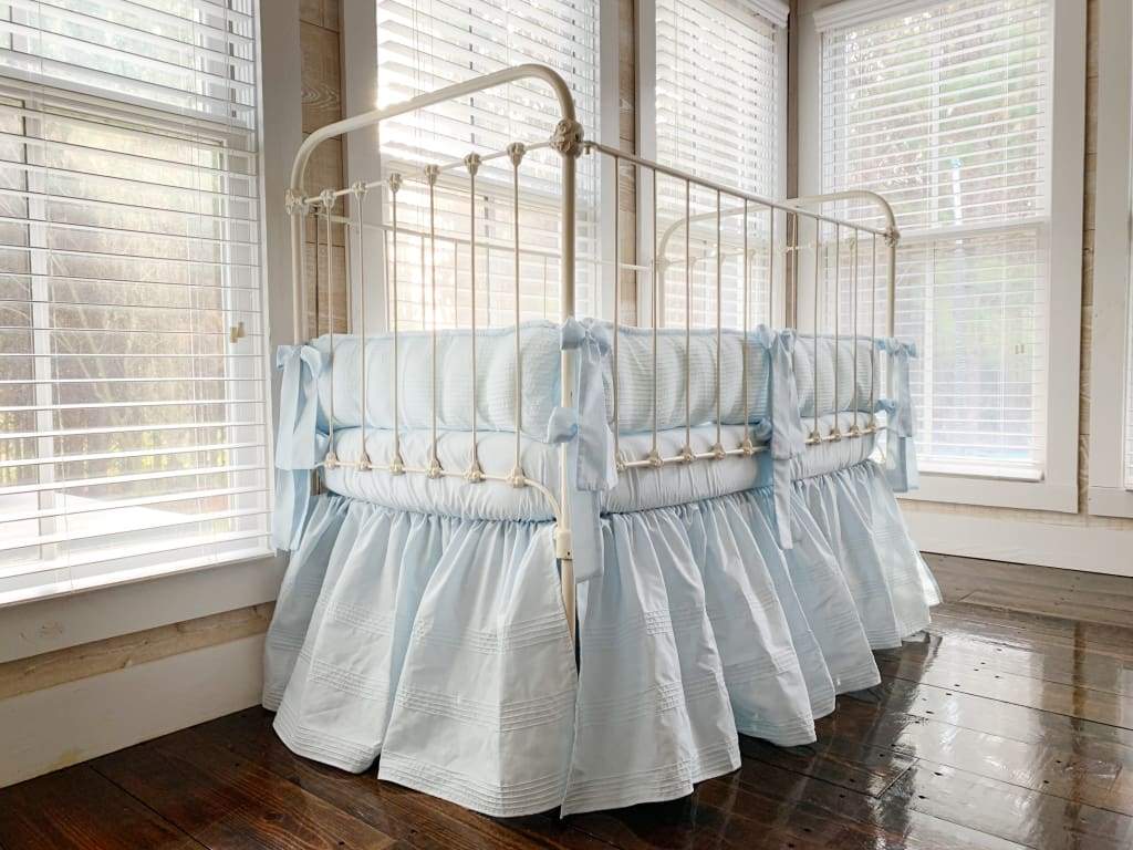 Heirloom Blue Pin-Tucked Crib Skirt | Boy Crib Bedding handmade heirloom nursery - High Cotton Textile