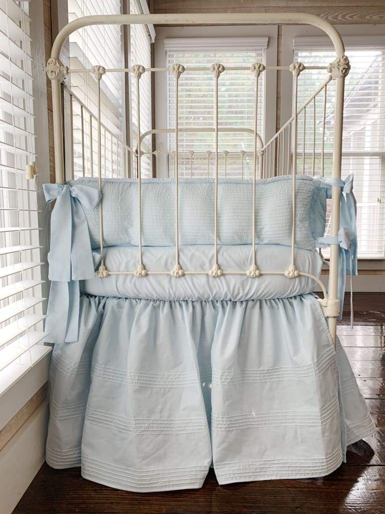 Heirloom Blue Pin-Tucked Crib Skirt | Boy Crib Bedding handmade heirloom nursery - High Cotton Textile