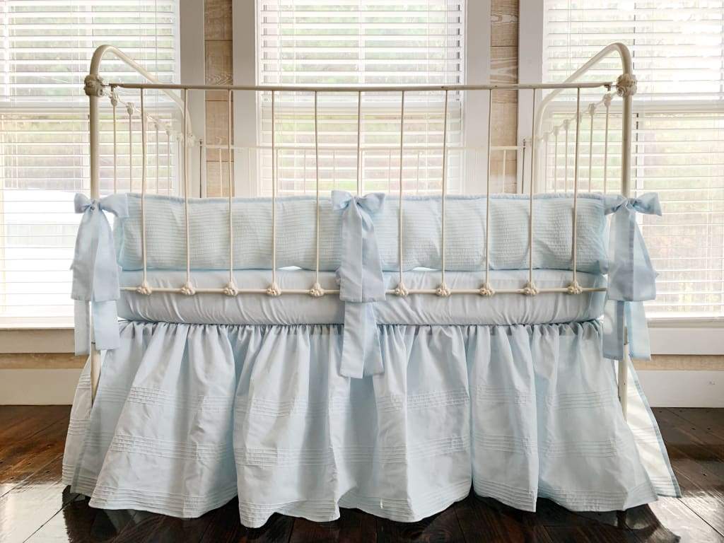 Heirloom Blue Pin-Tucked Crib Skirt | Boy Crib Bedding handmade heirloom nursery - High Cotton Textile