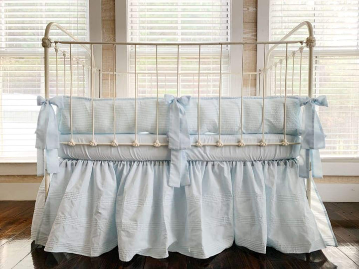 Heirloom Blue Pin-Tucked Crib Skirt | Boy Crib Bedding handmade heirloom nursery - High Cotton Textile