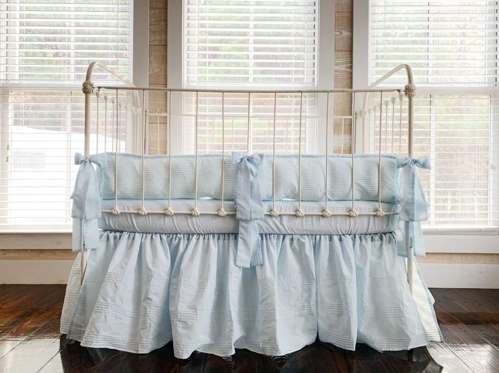 Heirloom Blue Pin-Tucked Crib Skirt | Boy Crib Bedding handmade heirloom nursery - High Cotton Textile