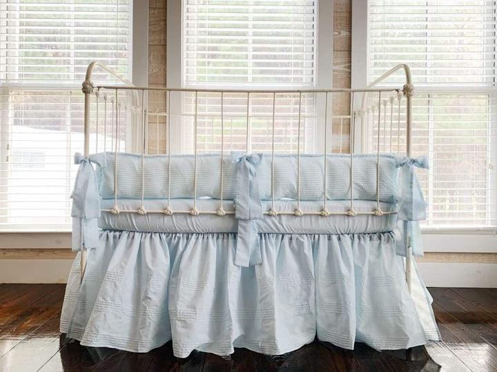 Heirloom Blue Pin-Tucked Crib Skirt | Boy Crib Bedding handmade heirloom nursery - High Cotton Textile