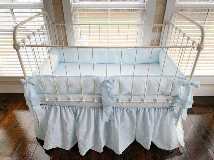 Heirloom Blue Pin-Tucked Crib Skirt | Boy Crib Bedding handmade heirloom nursery - High Cotton Textile