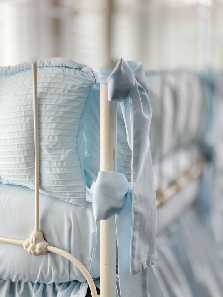 Heirloom Blue Pin-Tucked Crib Skirt | Boy Crib Bedding handmade heirloom nursery - High Cotton Textile