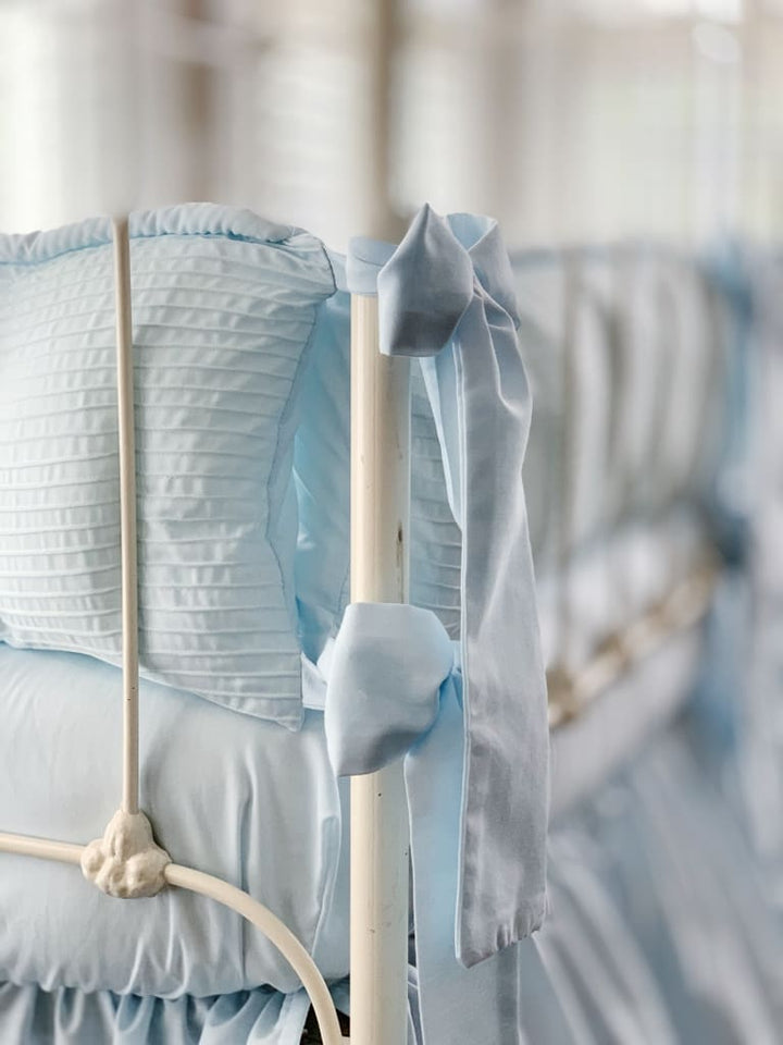 Heirloom Blue Pin-Tucked Crib Skirt | Boy Crib Bedding handmade heirloom nursery - High Cotton Textile