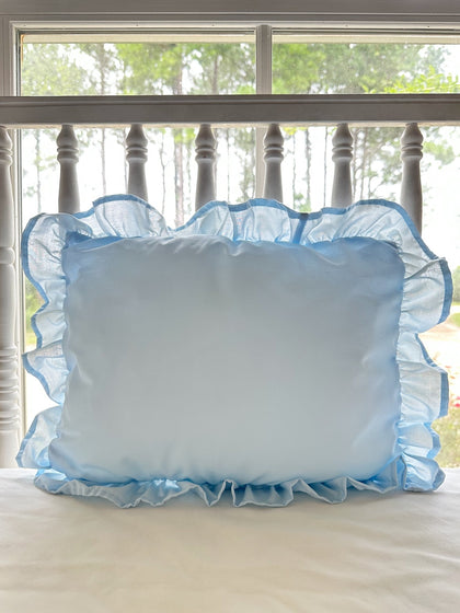 Heirloom blue ruffled crib pillow in soft washed cotton with a gathered ruffle border on all four sides - High Cotton Textile