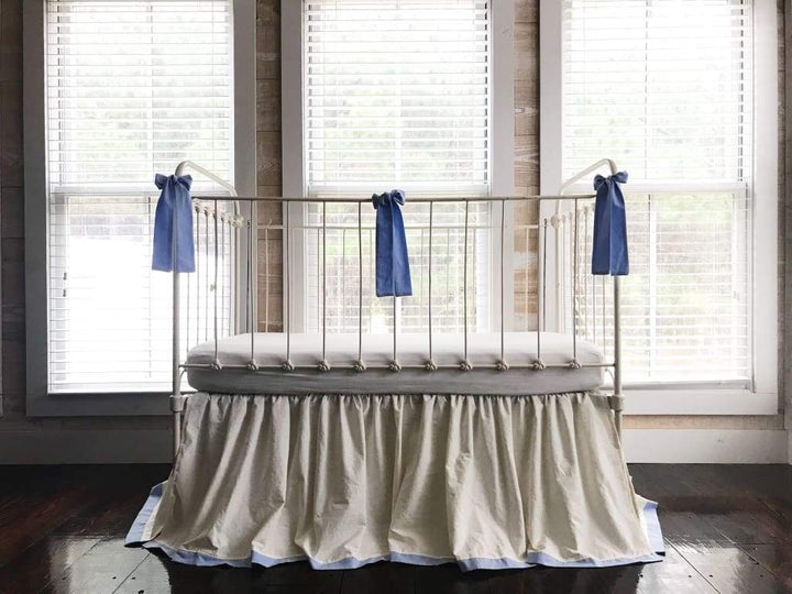 Ivory and Baby Blue Farmhouse Tailored Crib Bedding Set handmade heirloom nursery - High Cotton Textile
