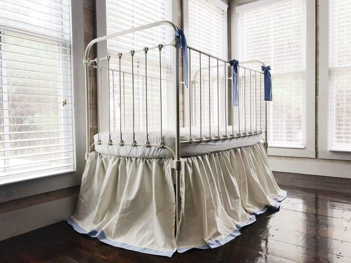 Ivory and Baby Blue Farmhouse Tailored Crib Bedding Set handmade heirloom nursery - High Cotton Textile