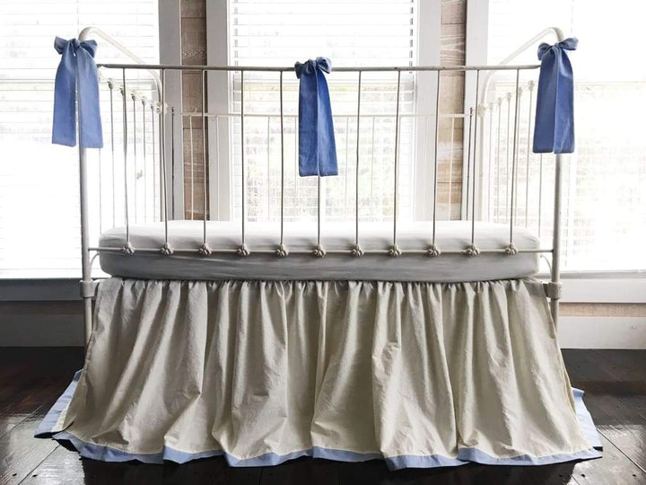 Ivory and Baby Blue Farmhouse Tailored Crib Bedding Set handmade heirloom nursery - High Cotton Textile